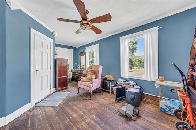 living area with ceiling fan, dark hardwood / wood-style flooring, and crown molding