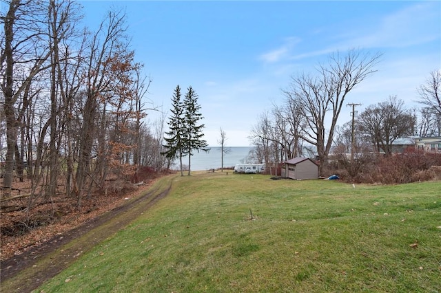 view of yard featuring a water view and a shed