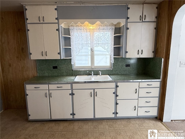 kitchen with white cabinets, backsplash, and sink