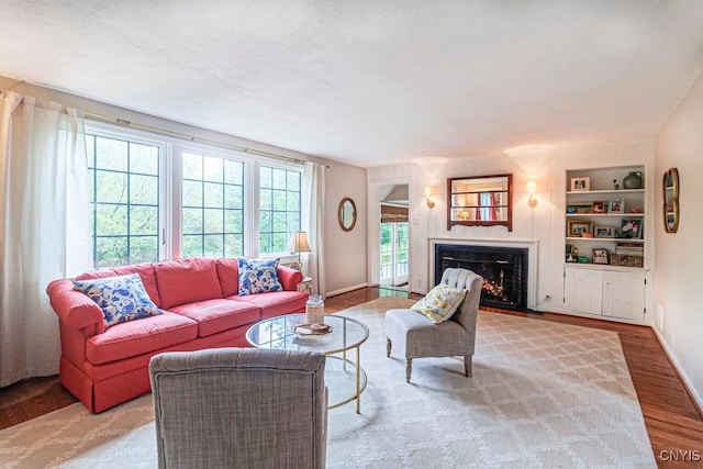 living room featuring light hardwood / wood-style flooring and built in features