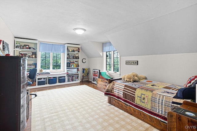 bedroom featuring wood-type flooring and lofted ceiling