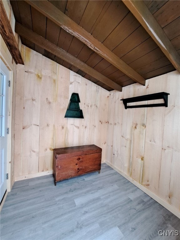 interior space with beam ceiling, wooden walls, hardwood / wood-style floors, and wood ceiling