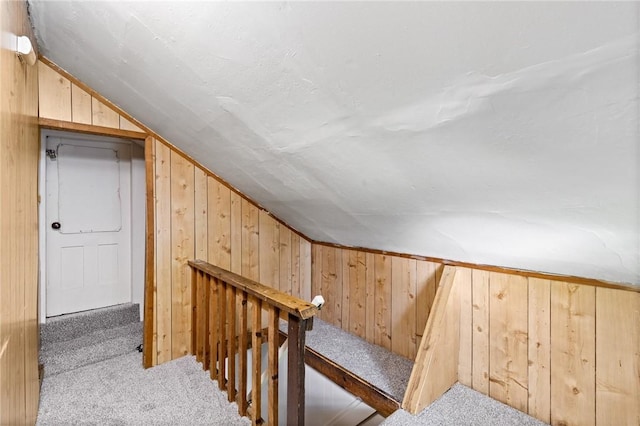 additional living space with wooden walls, light colored carpet, and lofted ceiling