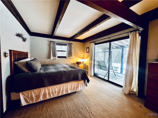 carpeted bedroom featuring beamed ceiling and access to outside