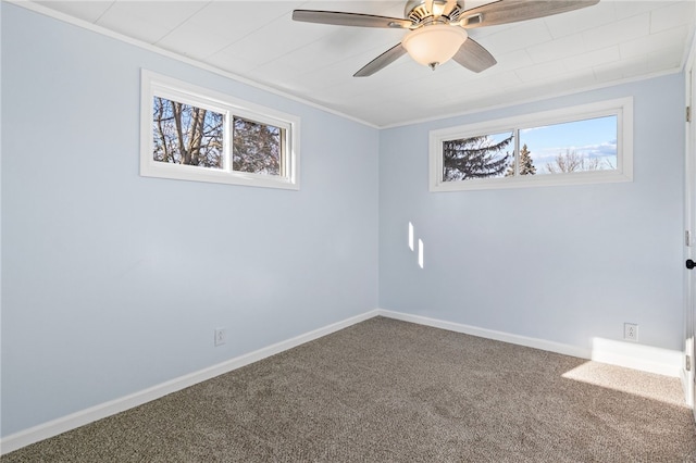 carpeted spare room featuring ceiling fan and ornamental molding