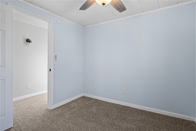 spare room with carpet flooring, ceiling fan, and ornamental molding