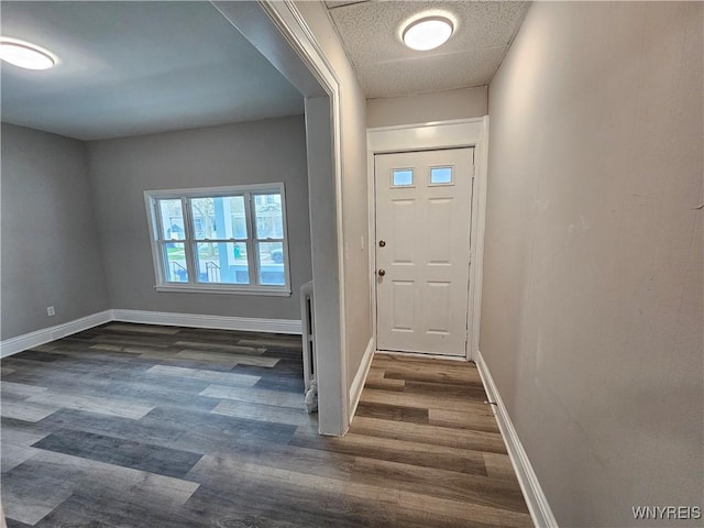 foyer entrance featuring a paneled ceiling and dark wood-type flooring