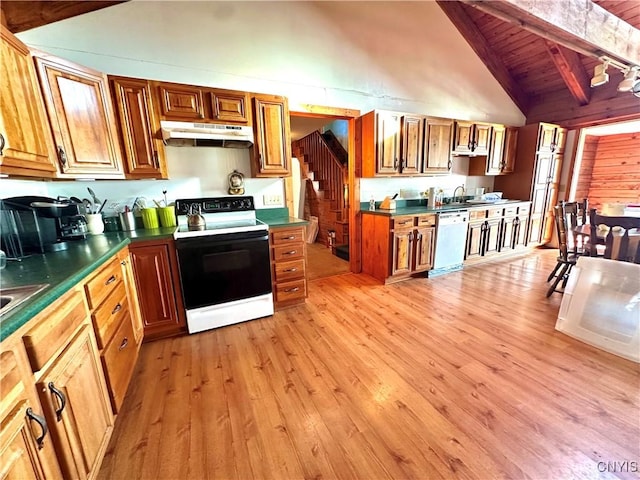 kitchen featuring wood ceiling, white appliances, sink, light hardwood / wood-style flooring, and vaulted ceiling with beams