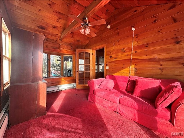 carpeted living room with wood ceiling, wooden walls, ceiling fan, and lofted ceiling with beams