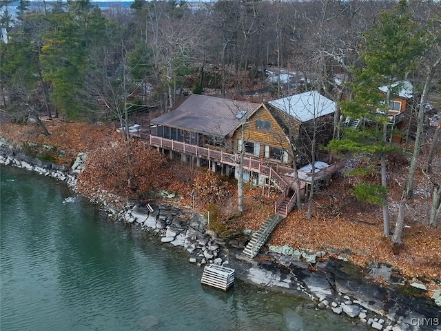 aerial view featuring a water view