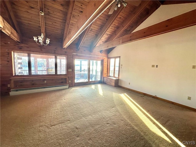 unfurnished living room with baseboard heating, carpet, wooden ceiling, and ceiling fan with notable chandelier