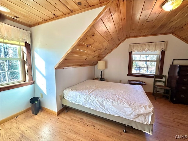 bedroom with hardwood / wood-style floors, wooden ceiling, and lofted ceiling