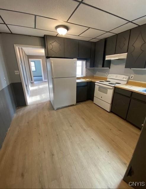 kitchen with a paneled ceiling, sink, white appliances, and light wood-type flooring