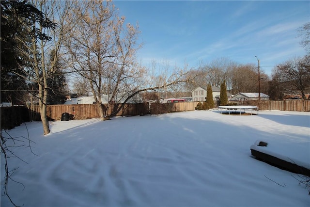 yard covered in snow with a trampoline