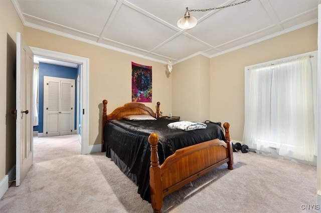 carpeted bedroom featuring coffered ceiling