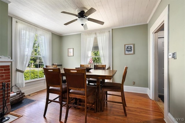 dining space with hardwood / wood-style flooring, ceiling fan, wooden ceiling, and ornamental molding