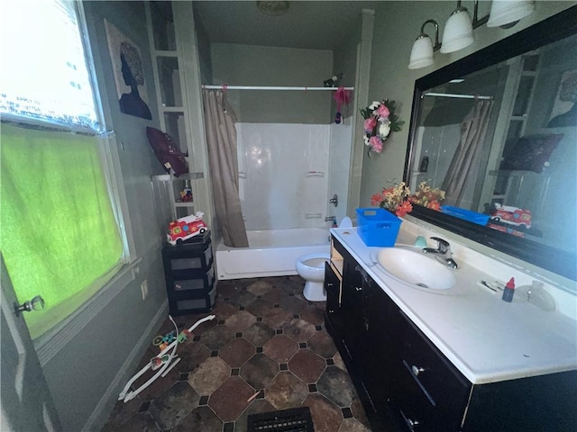 full bathroom with vanity, toilet, and shower / bathtub combination with curtain