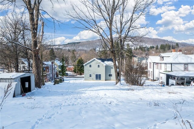 yard layered in snow with a mountain view