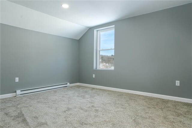 bonus room with carpet floors, a baseboard radiator, and lofted ceiling