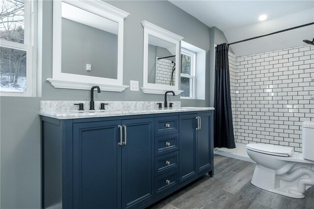 bathroom featuring curtained shower, vanity, wood-type flooring, and toilet