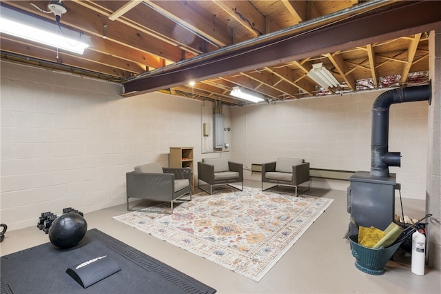 basement featuring a wood stove