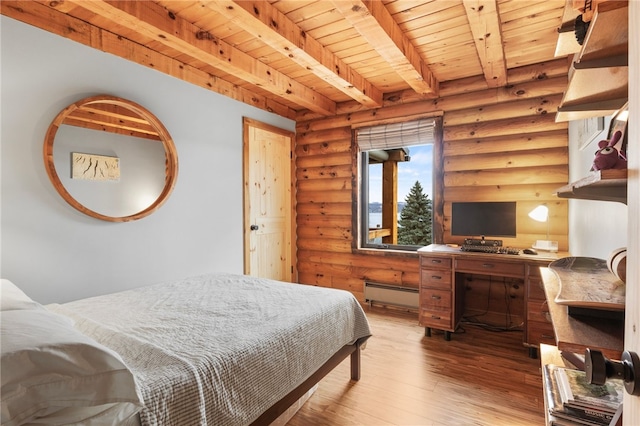 bedroom with rustic walls, baseboard heating, beam ceiling, light hardwood / wood-style flooring, and wooden ceiling