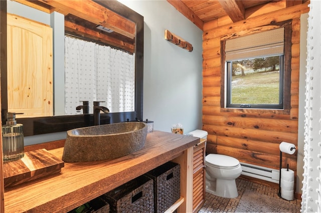 bathroom featuring beamed ceiling, rustic walls, wood ceiling, and baseboard heating