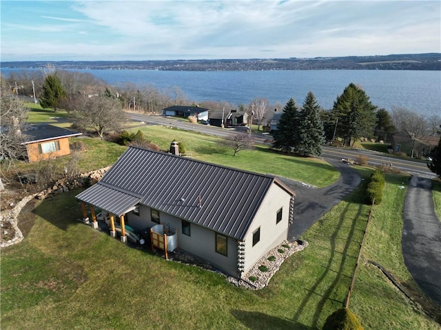 aerial view featuring a water view