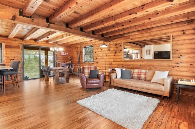 living room featuring beam ceiling, rustic walls, a chandelier, wood-type flooring, and wood ceiling