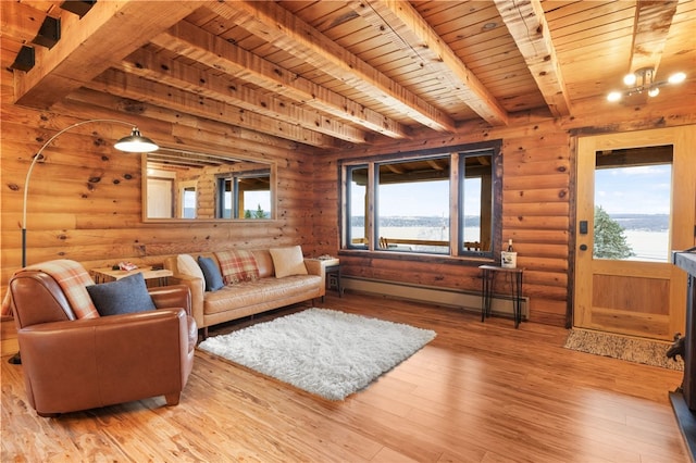 living room with log walls, beam ceiling, a water view, and light hardwood / wood-style flooring