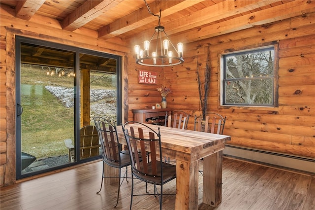 dining area featuring wood ceiling, baseboard heating, log walls, beam ceiling, and a chandelier