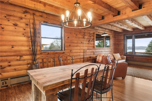 dining area with log walls, wooden ceiling, beamed ceiling, hardwood / wood-style floors, and a chandelier