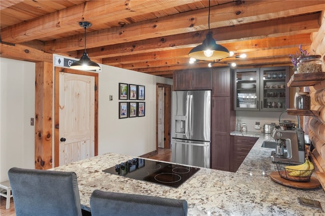 kitchen with black electric stovetop, dark brown cabinetry, beam ceiling, decorative light fixtures, and stainless steel fridge with ice dispenser