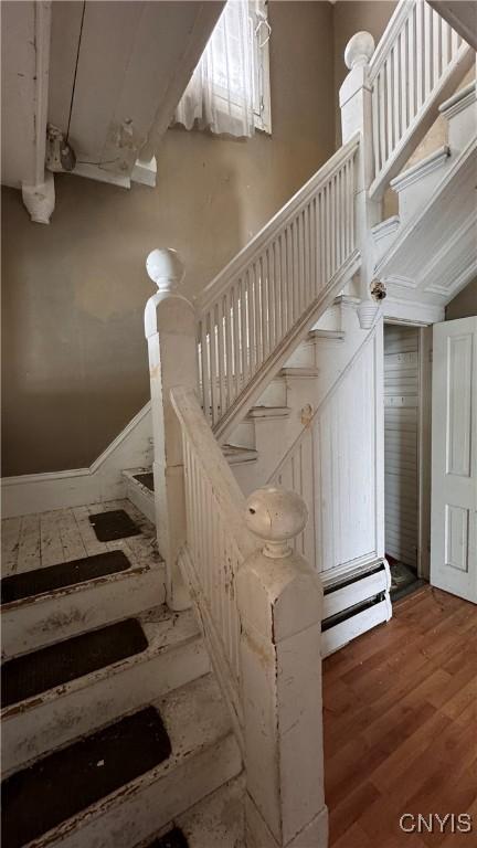 staircase featuring wood-type flooring