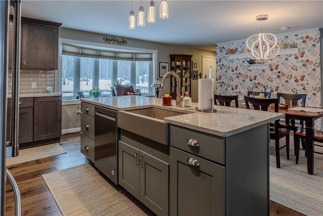 kitchen with an island with sink, sink, dishwasher, and pendant lighting