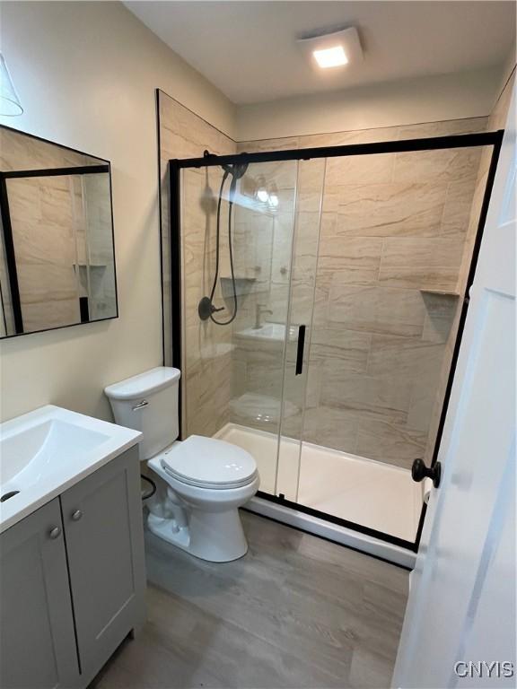 bathroom with vanity, toilet, a shower with door, and wood-type flooring