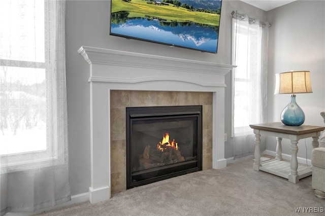 interior details featuring carpet flooring and a fireplace