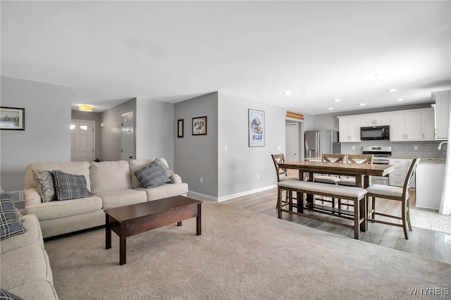 living room with dark hardwood / wood-style flooring and sink