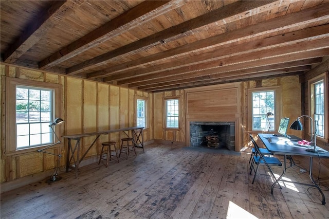 misc room featuring beamed ceiling, a healthy amount of sunlight, and dark wood-type flooring