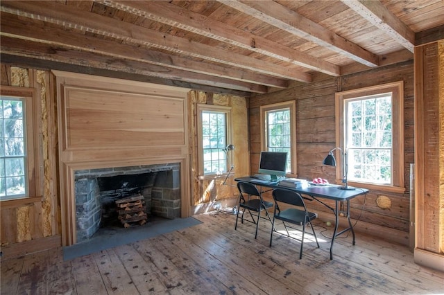 office with beamed ceiling, wood-type flooring, a wealth of natural light, and wood ceiling