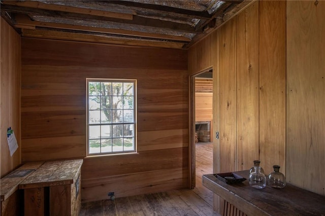 bathroom featuring hardwood / wood-style floors and wooden walls