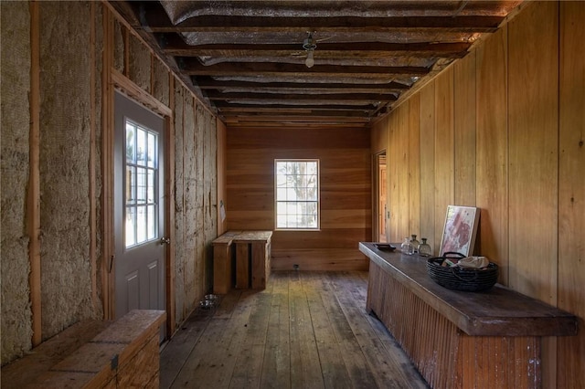 miscellaneous room with wooden walls and dark wood-type flooring