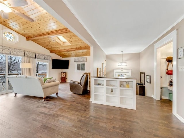 living room featuring hardwood / wood-style flooring, lofted ceiling with skylight, ceiling fan, and wooden ceiling