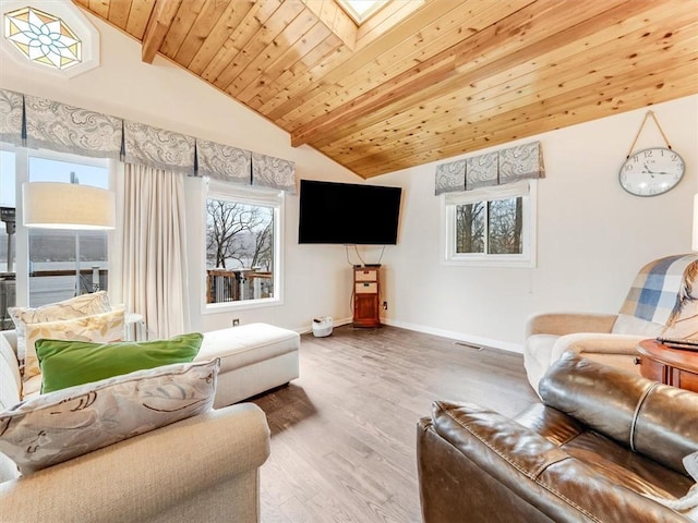 living room featuring lofted ceiling with skylight, wood-type flooring, and wooden ceiling