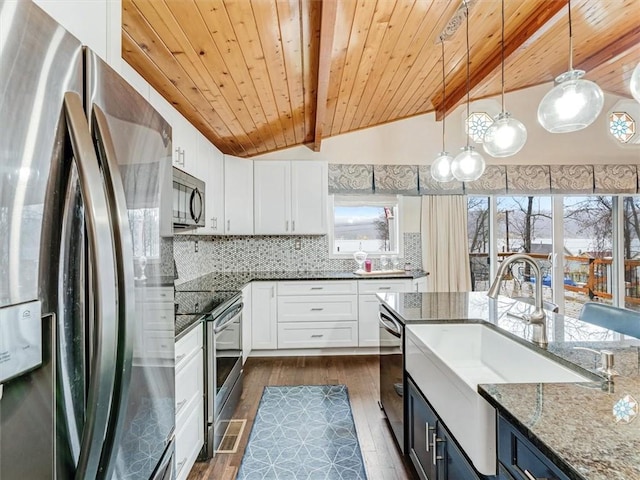 kitchen featuring pendant lighting, white cabinetry, stainless steel appliances, and wood ceiling