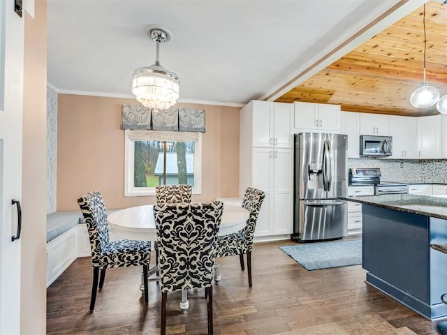 dining area featuring a chandelier, crown molding, wooden ceiling, and dark hardwood / wood-style floors