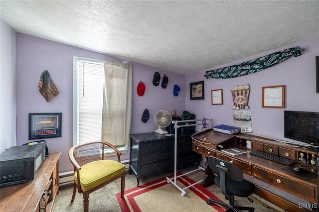 office with carpet flooring and a textured ceiling