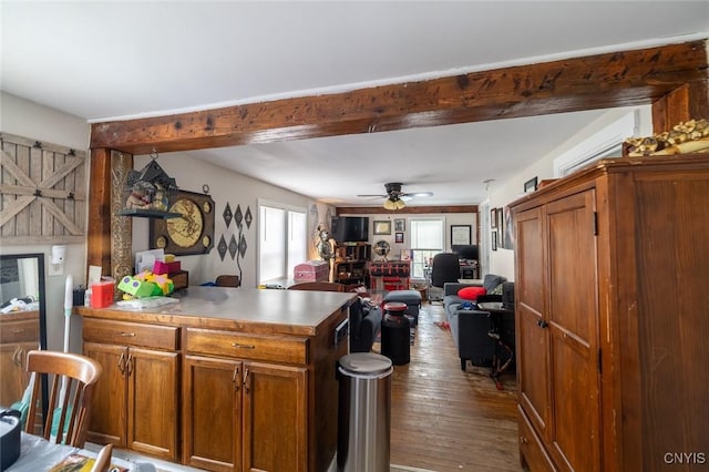 kitchen with ceiling fan and hardwood / wood-style floors