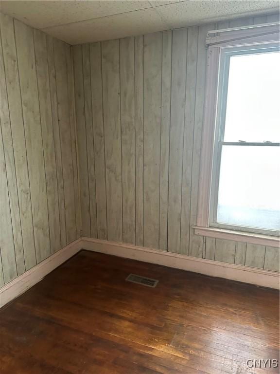 empty room featuring wooden walls and dark hardwood / wood-style flooring