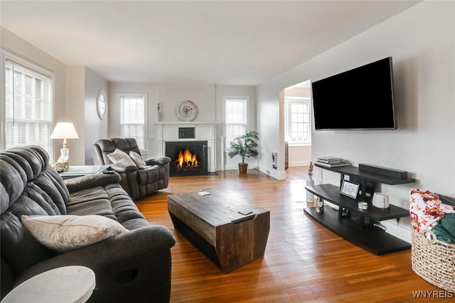 living room with a fireplace with flush hearth, baseboards, and wood finished floors